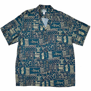 Buy teal-green Polynesian Block Print Retro Vintage Style Hawaiian Shirt - Navy