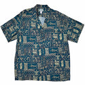 Polynesian Block Print Retro Vintage Style Hawaiian Shirt -Teal Green