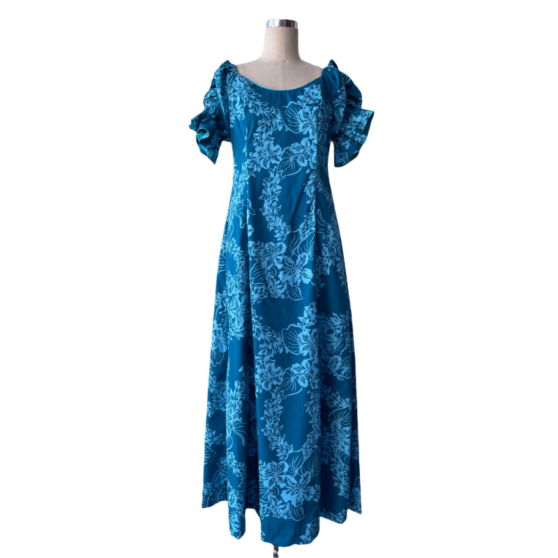 Teal Green Hawaiian Dress with Beautiful Tuberose Lei Print 2861