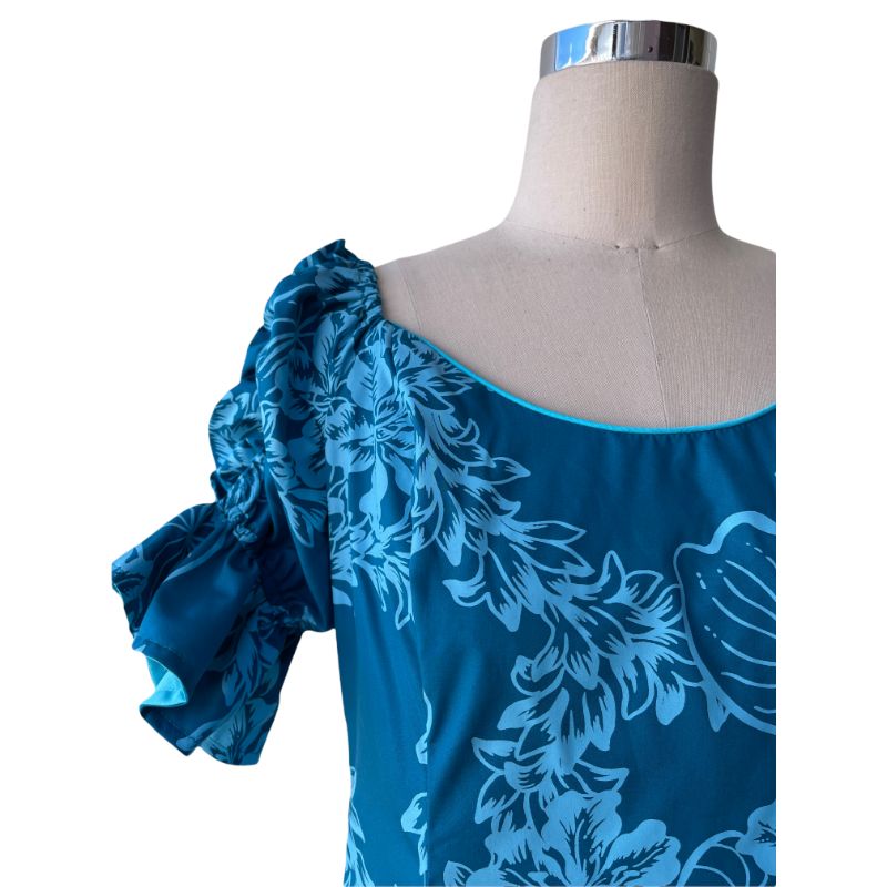 Teal Green Hawaiian Dress with Beautiful Tuberose Lei Print 2861