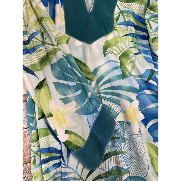 Green Mandarin Velvet Collar Monstera Leaf Hawaiian Dress | Plus Size
