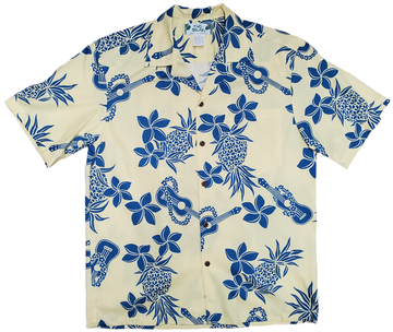 Cream Yellow with Blue Ukulele Hawaiian Shirt - 0