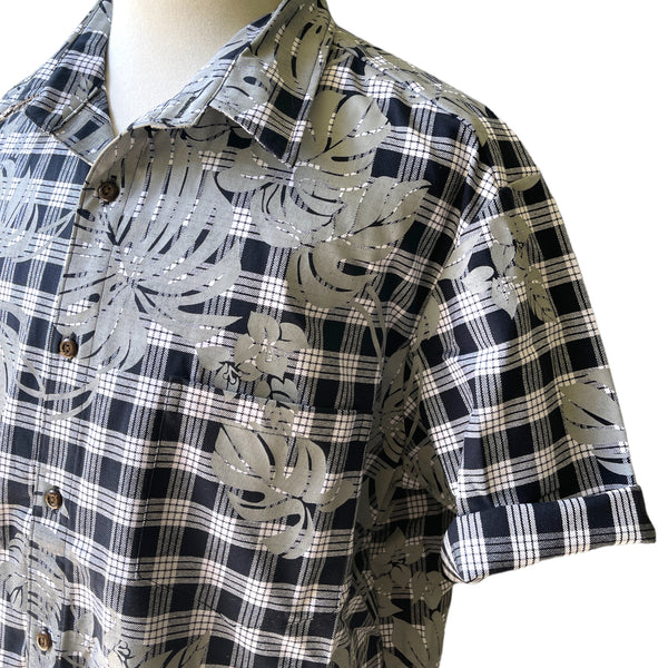 Hawaiian Vintage Style Palaka Shirt - Black with Monstera Print 018