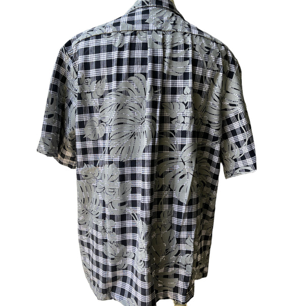 Hawaiian Vintage Style Palaka Shirt - Black with Monstera Print 018