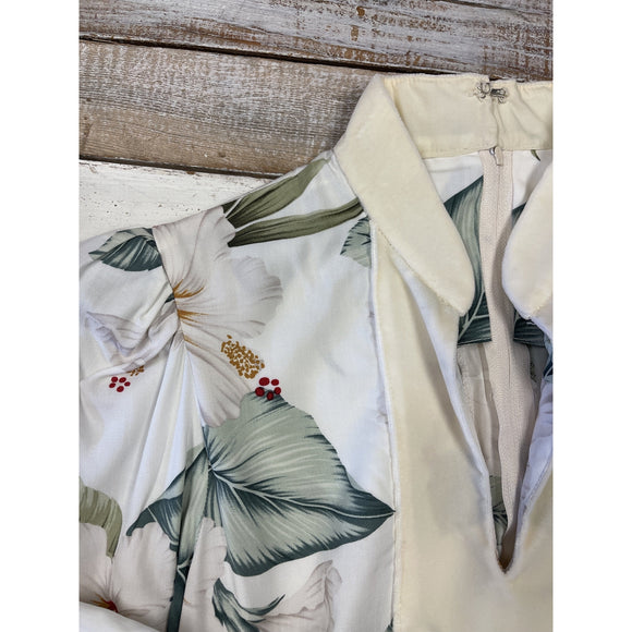 White Velvet Trim Mandarin Collar Hibiscus Dress 