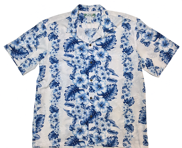 White and Blue Hibiscus Print Hawaiian Shirt