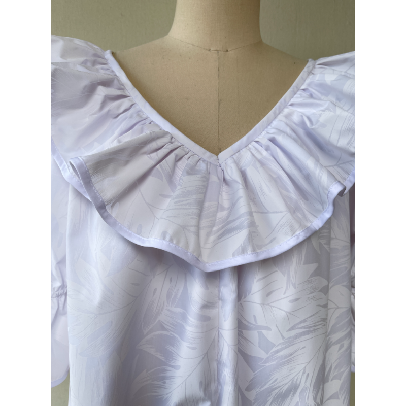 Hawaiian white muumuu V neck front